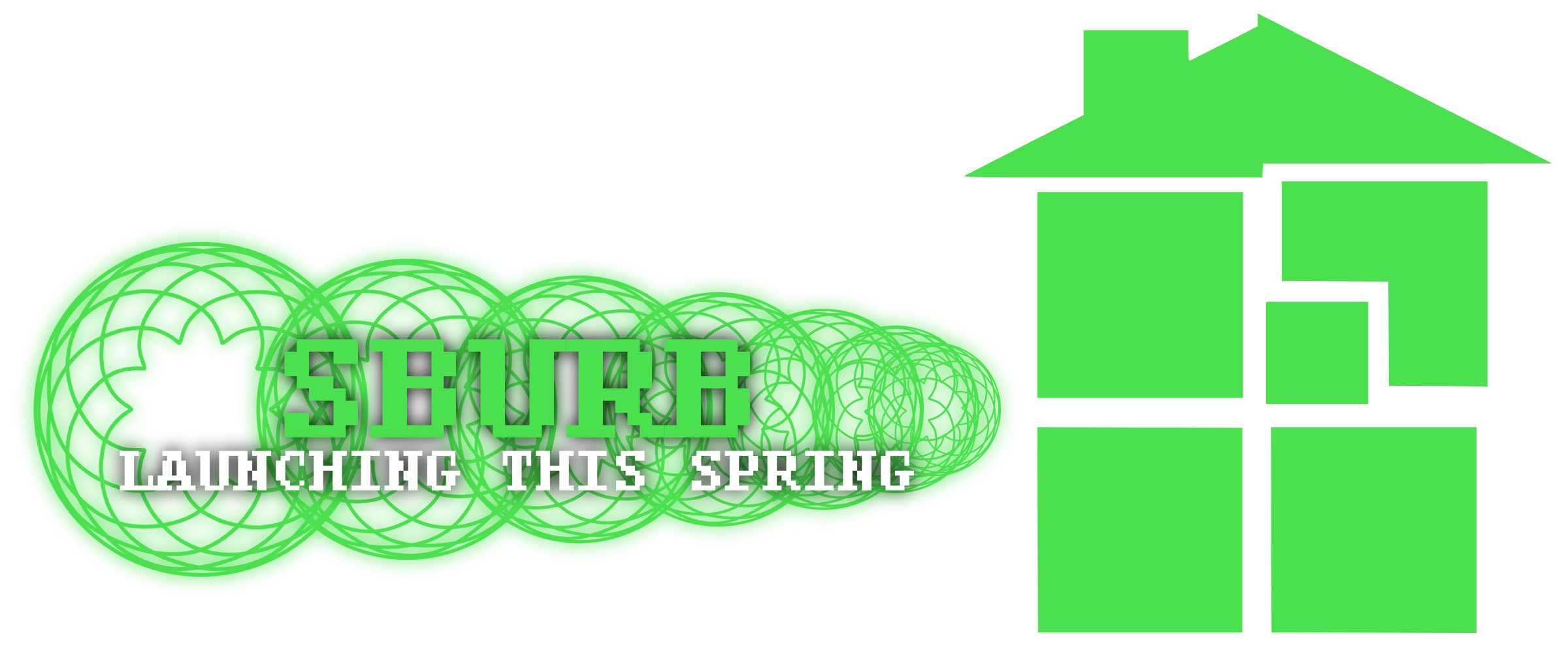 The title for the fictional video game SBURB on the SkaiaNet (unofficial) website, depicting seven spirograph 'Gates' and a four-player logo for SBURB, a house with a chimney and an offset roof.