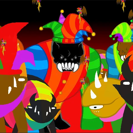 Various underlings under the effects of a harlequin prototyping (generation modifier), giving them all silly outfits